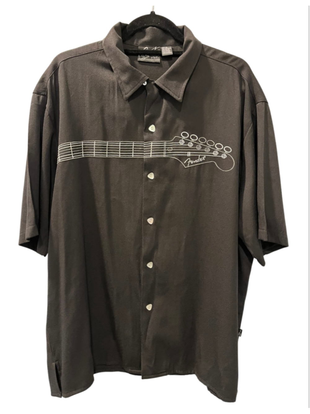 Vintage 90s Fender Shirt Davinci Stratocaster Guitar Pick Button Camp Bowing XL